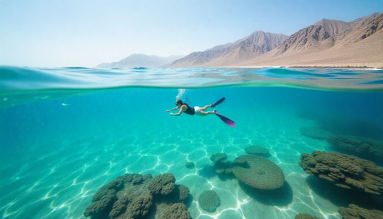 Fujairah beach with clear blue water, coral reef, diver underwater, mountain backdrop