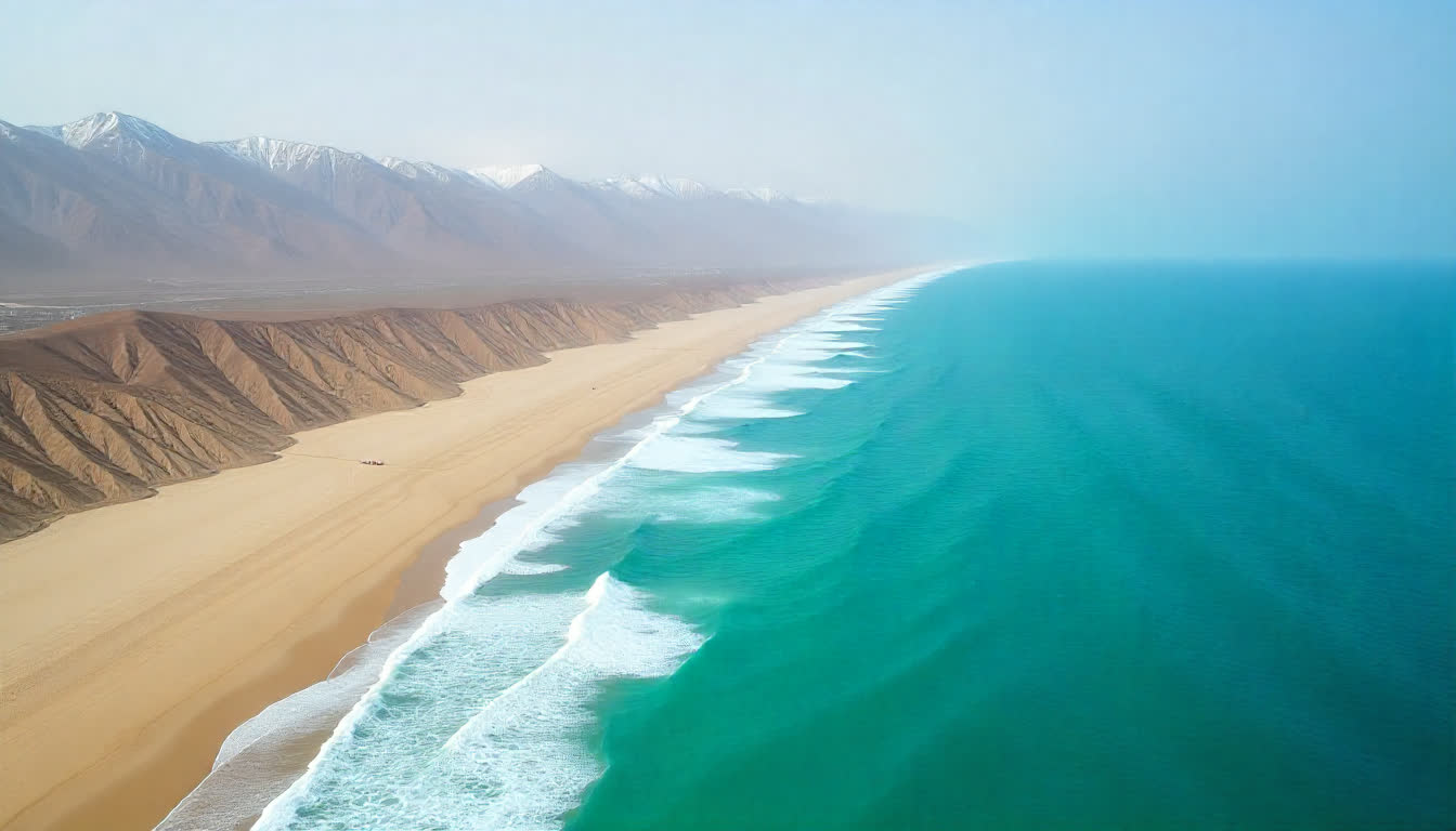 Fujairah coastline with mountains, golden beaches, and turquoise water, aerial photo, 16:9