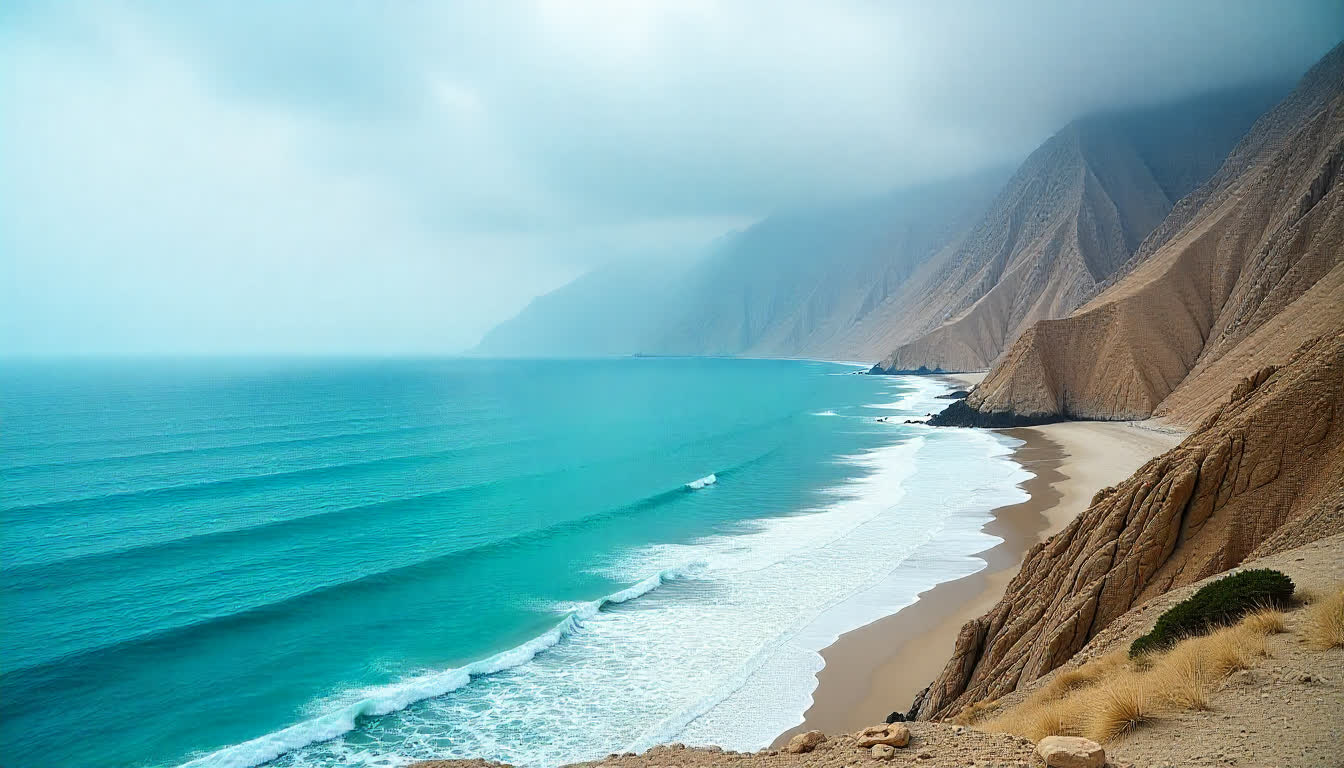 Fujairah coastline with rocky mountains and blue sea in bright daylight