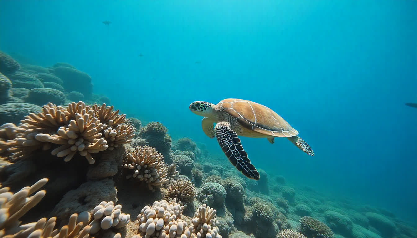 Fujairah diving coral reef with clear blue water, underwater photography, 16:9