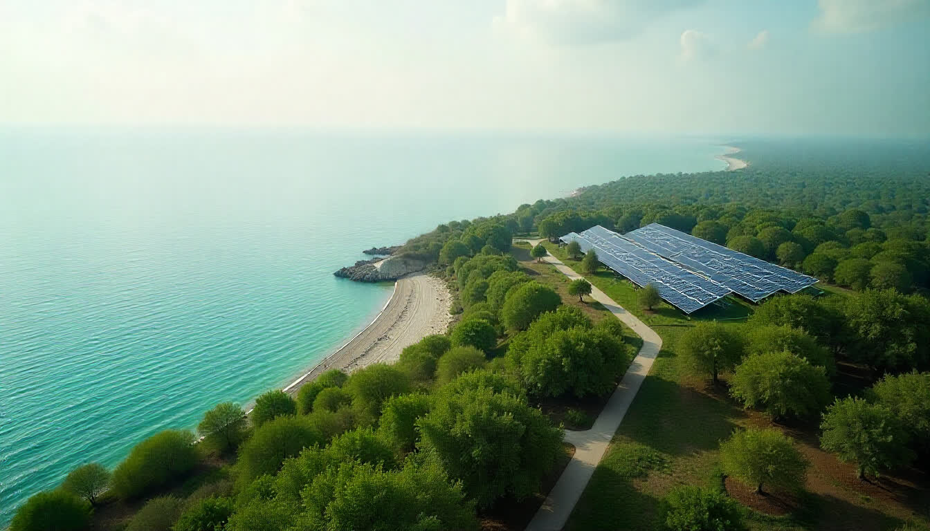 Fujairah eco project concept with greenery, sea, and solar panels, 16:9