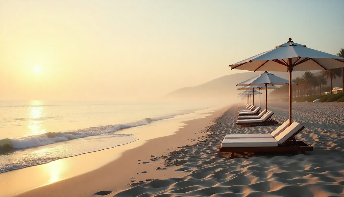 Fujairah resort beach, luxury umbrellas, calm sea, early morning glow
