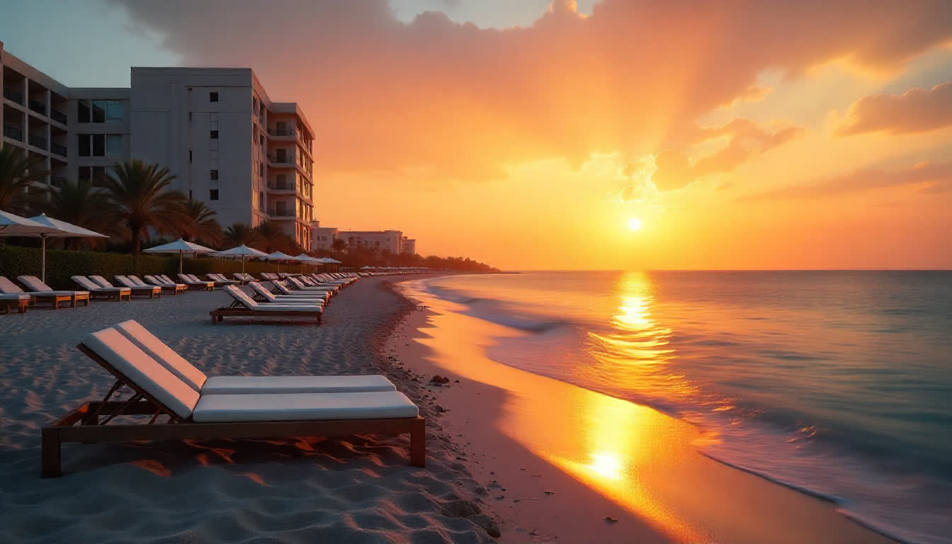 Fujairah seaside resort, calm water, sunbeds, golden sunset light
