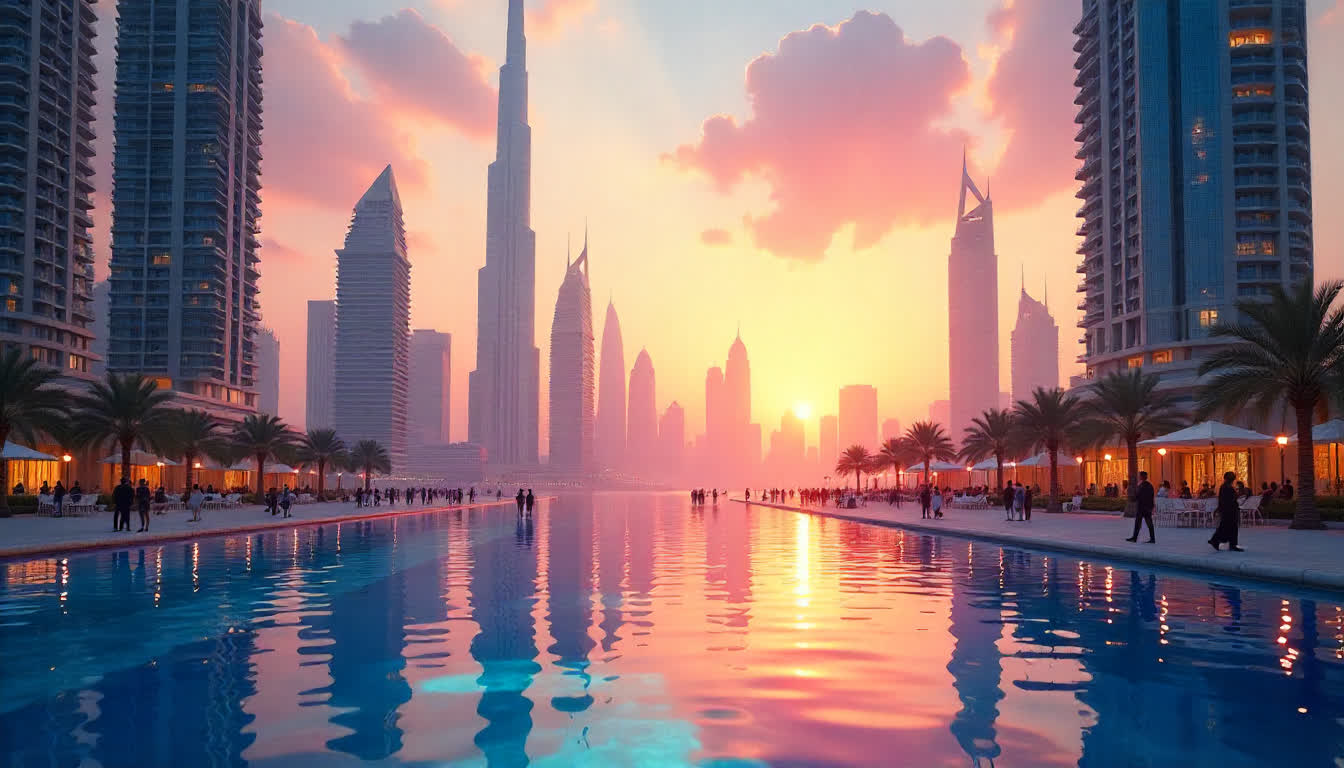 A futuristic Dubai cityscape featuring iconic skyscrapers and landmarks during sunset, with people exploring the attractions