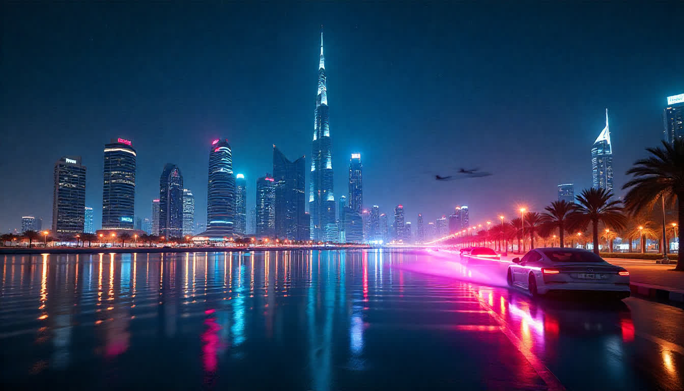Futuristic Dubai skyline with smart skyscrapers and flying vehicles