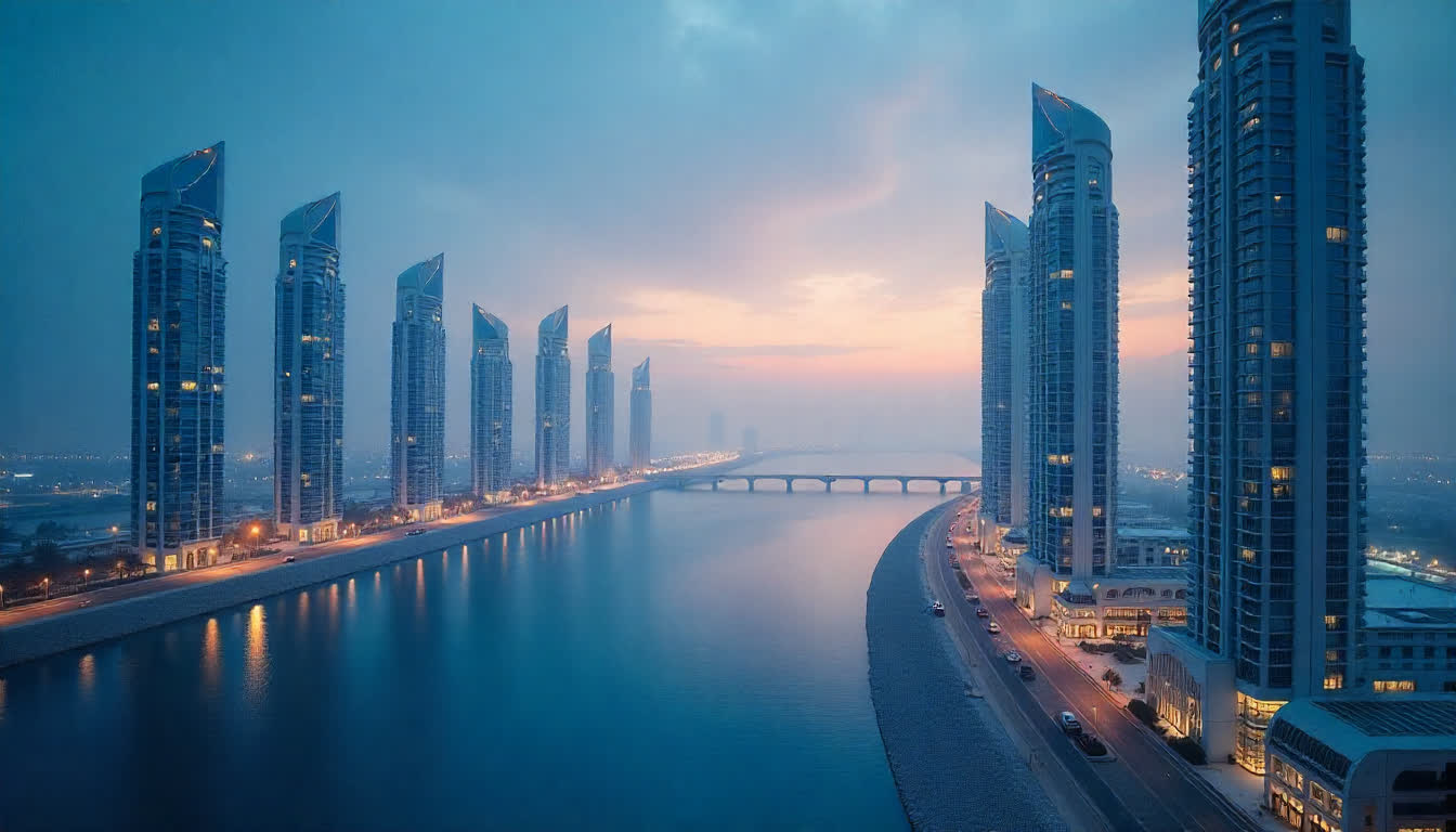 Futuristic UAE skyline with eco-friendly buildings and smart technologies