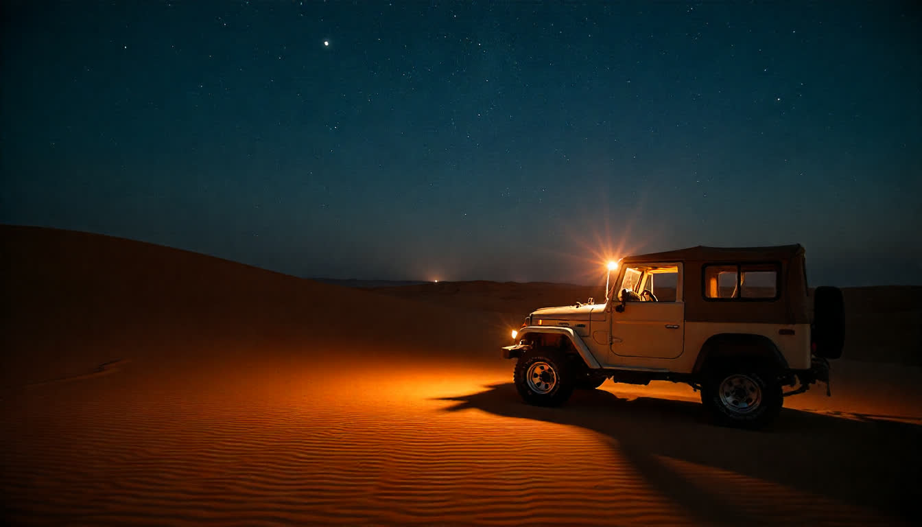 Ghayathi desert landscapes, eco camp, starry sky, jeep in sand dunes, sustainable travel