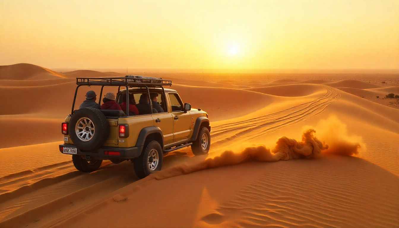 Ghayathi desert roads, tourists in jeep, sunrise scene, wide desert view