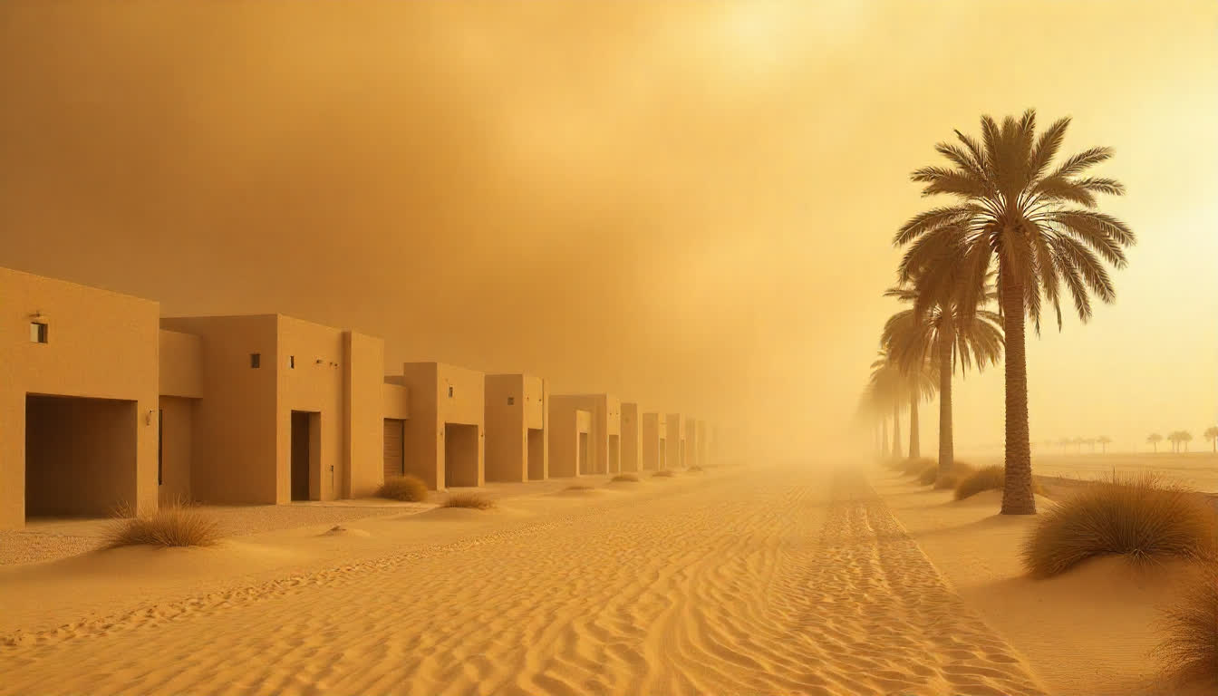 Ghayathi desert town in UAE with modern housing and palm trees, 16:9