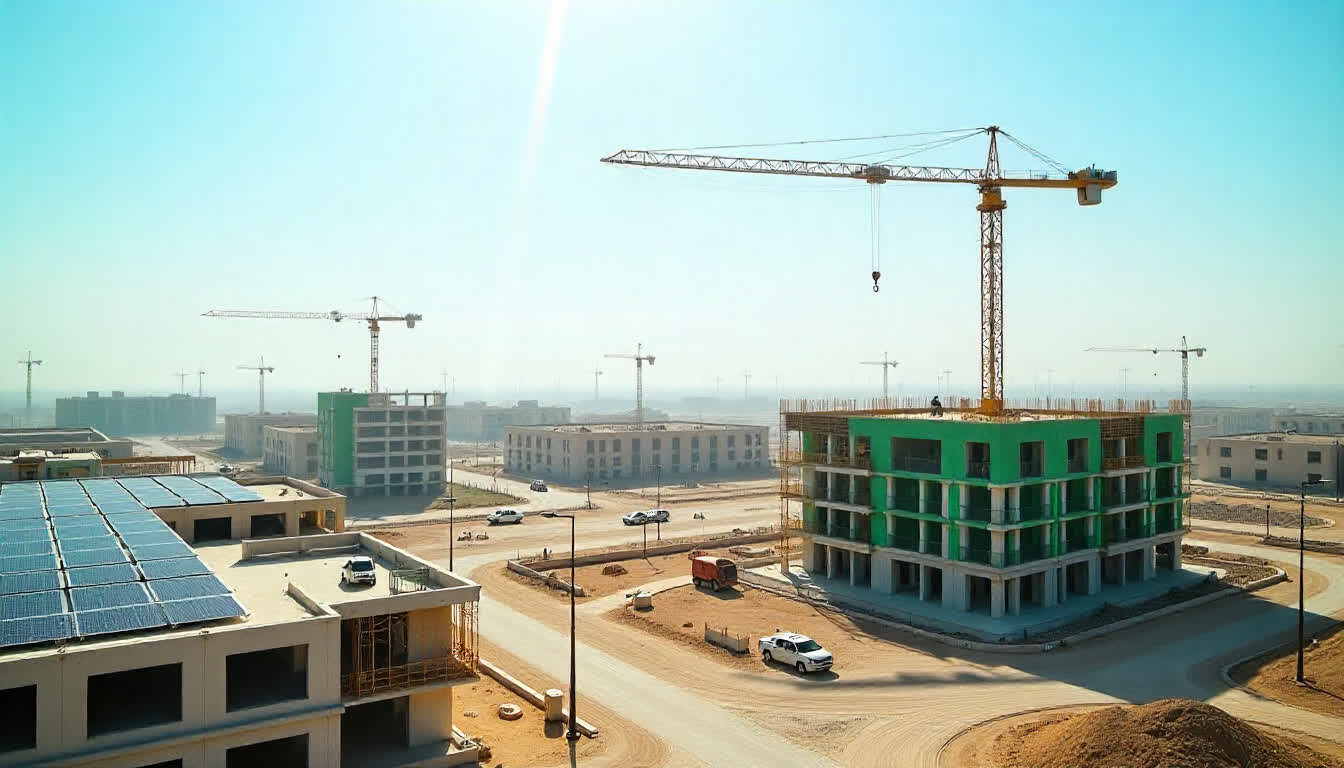 Green building construction sites in Ruwais, solar panels, eco-friendly materials, and cranes