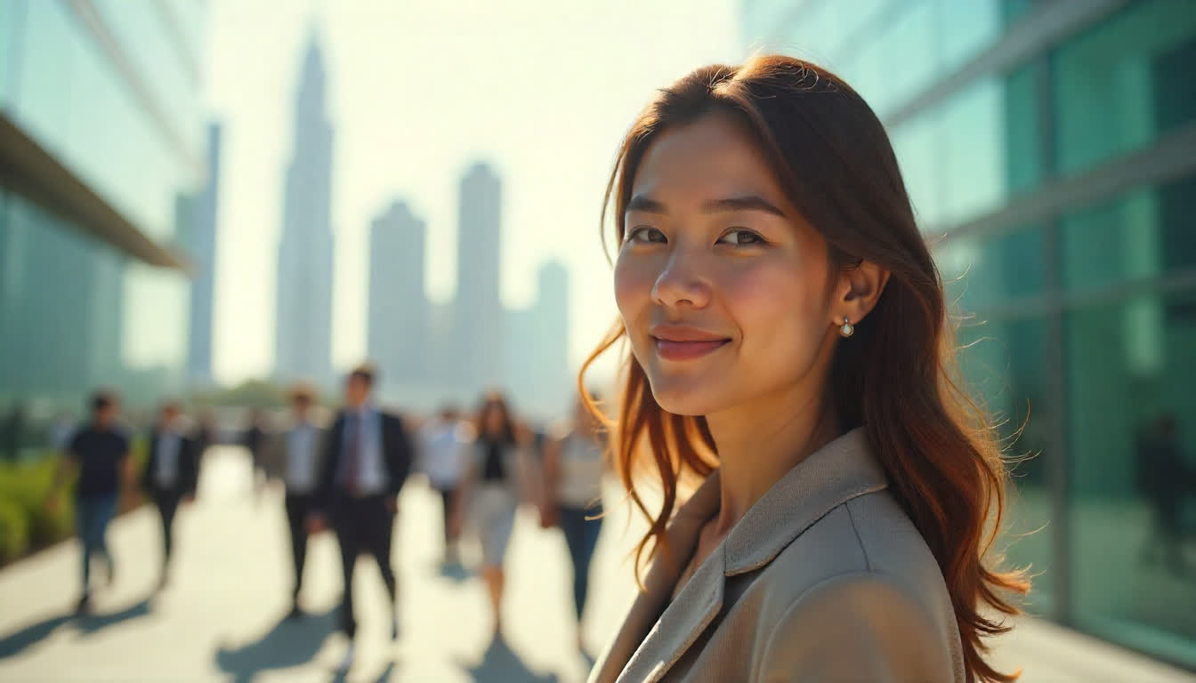 High-rise business centers in Abu Dhabi with office workers, glass buildings, and city skyline