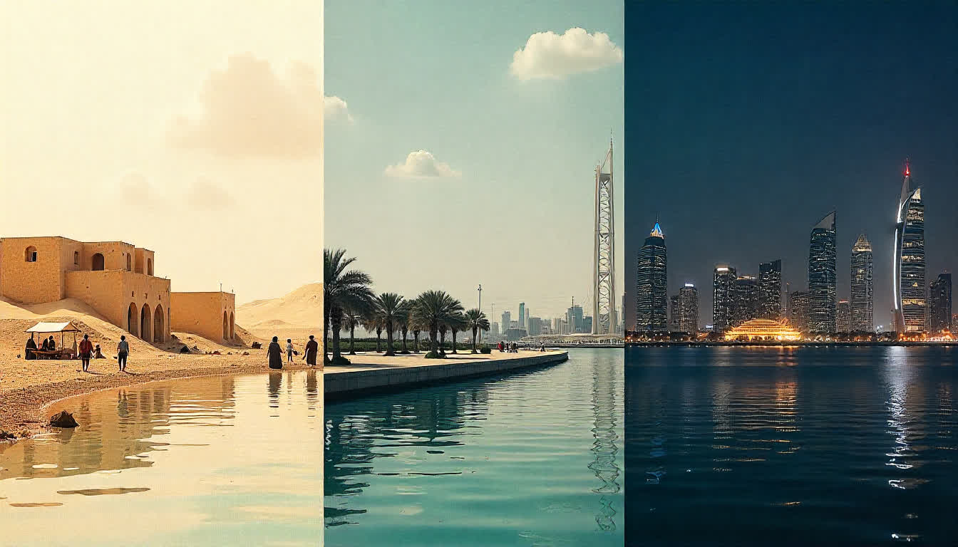 A historical timeline collage showing Abu Dhabi’s transformation from a small village to a modern metropolis