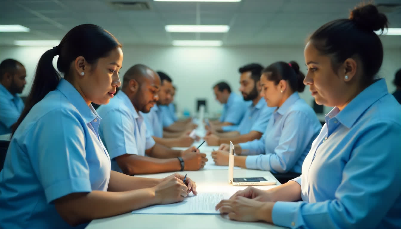 Immigration office in UAE with applicants filing paperwork and officials assisting