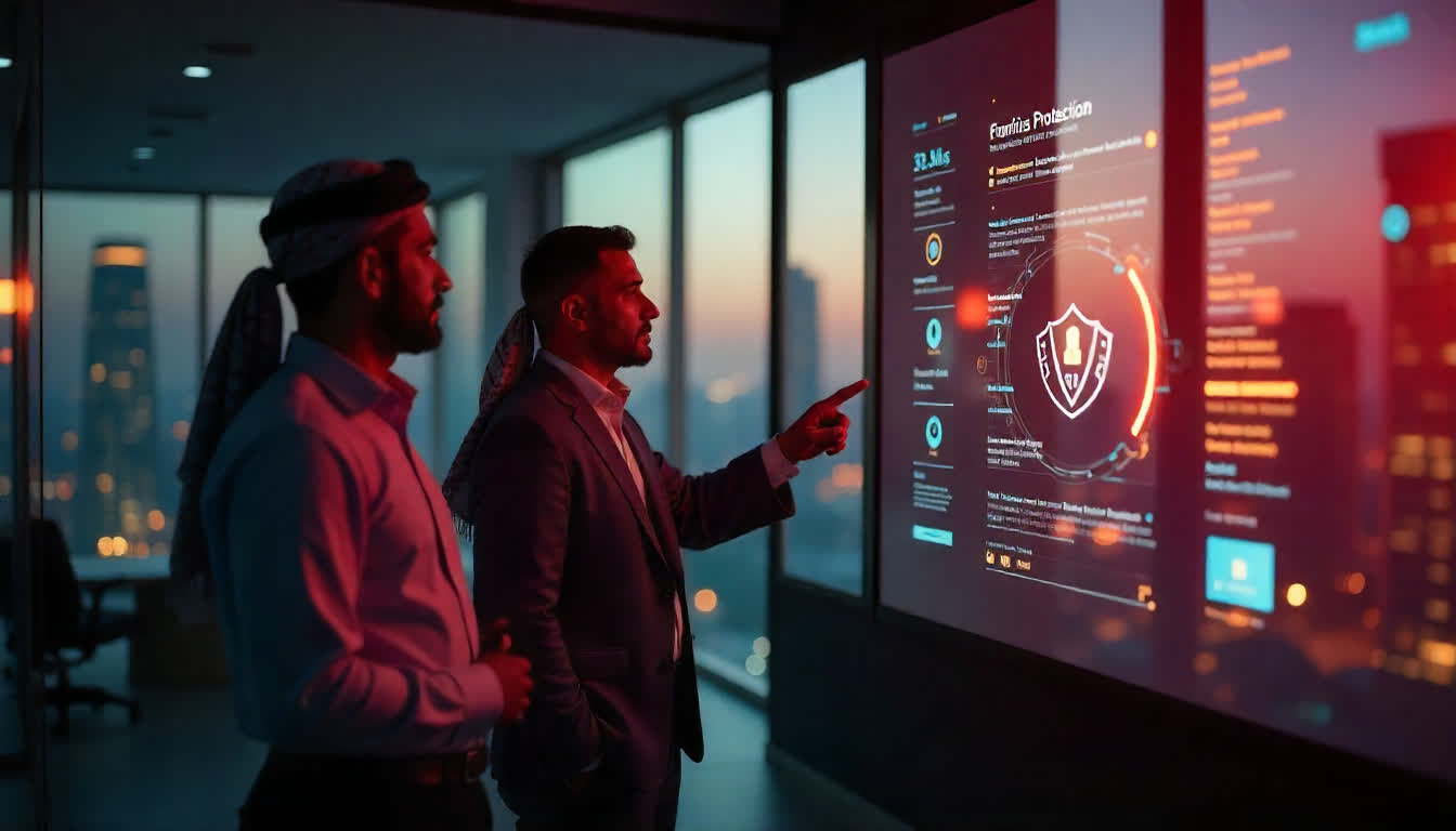 Investors discussing financial protection in Abu Dhabi offices, legal documents, and secure systems