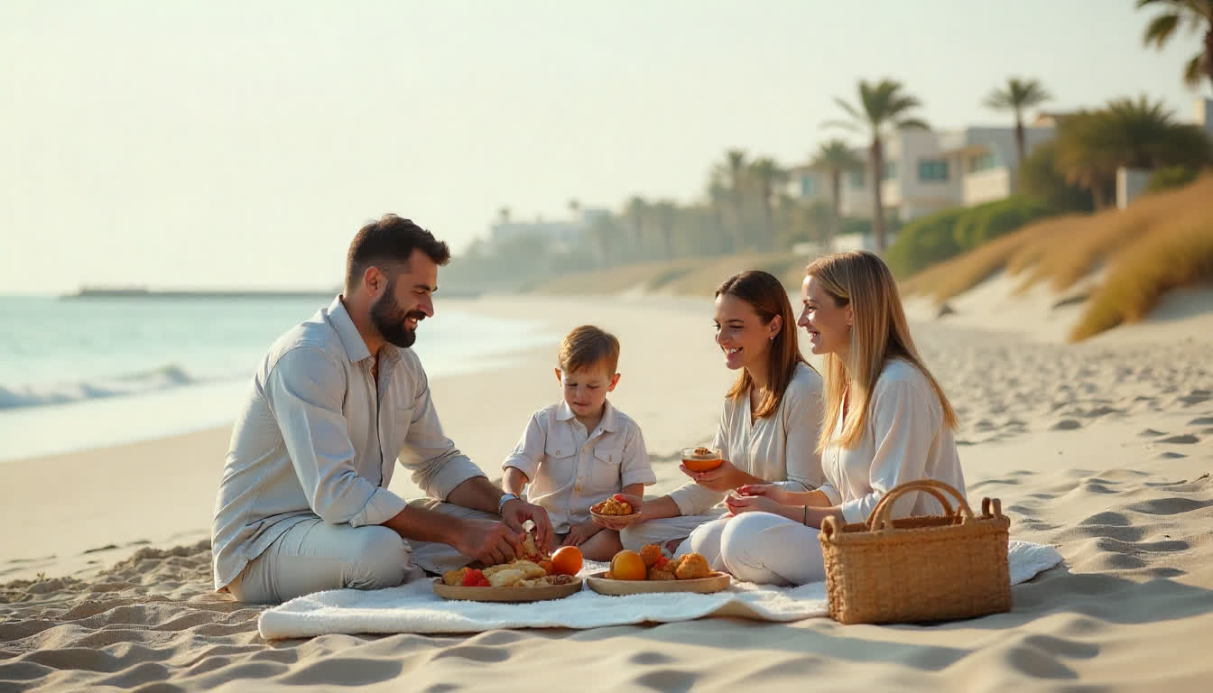 Jumeirah lifestyle with beach villas, cafes, and families walking, 16:9