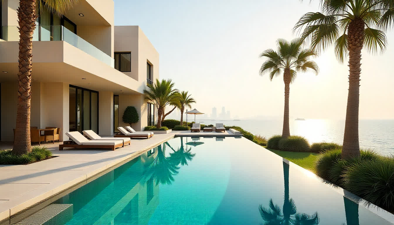 Jumeirah luxury villa exterior with pool, palm trees, and skyline view, 16:9