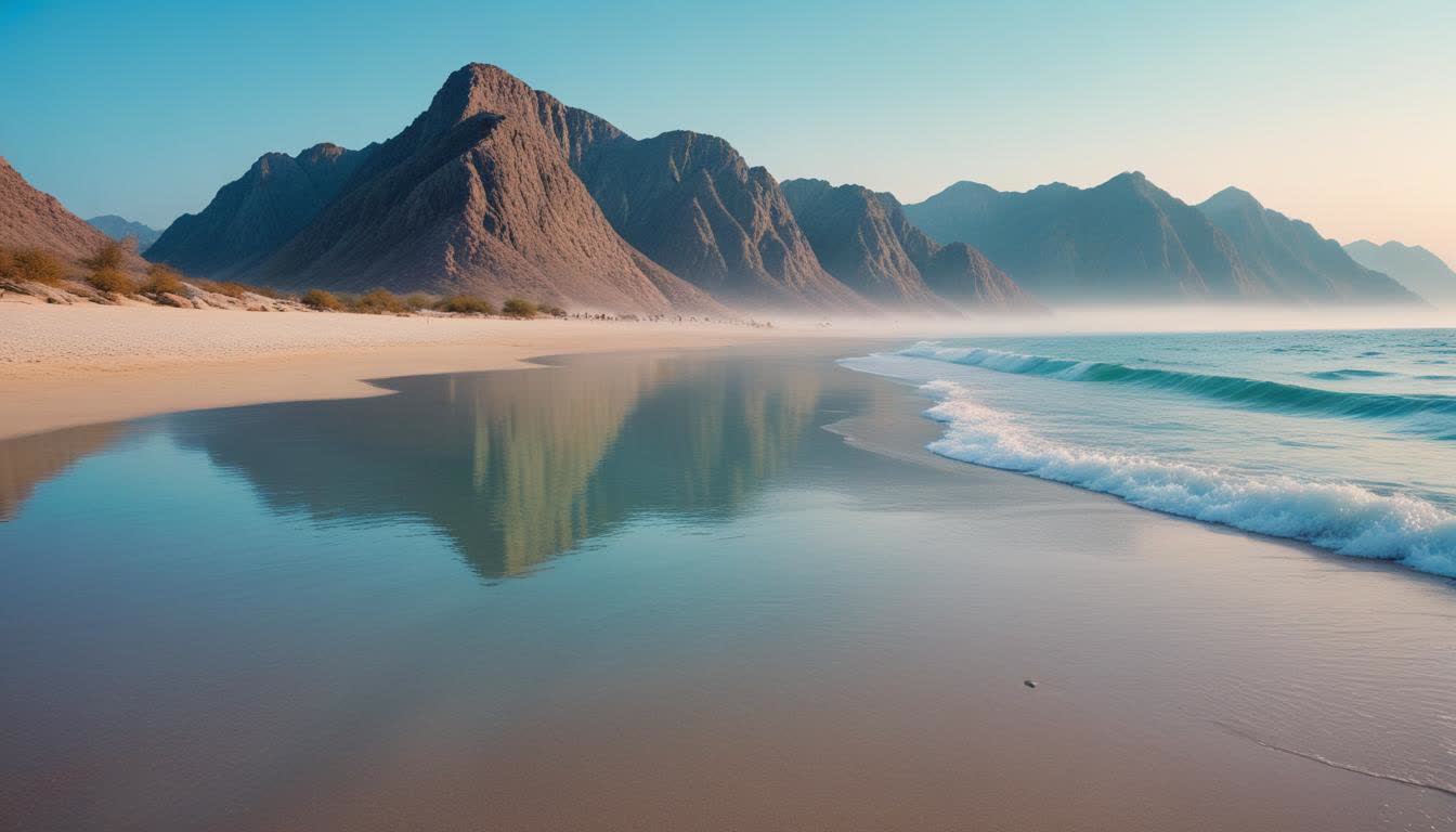 Khor Fakkan beach with clear blue waters and dramatic mountain backdrop, 16:9