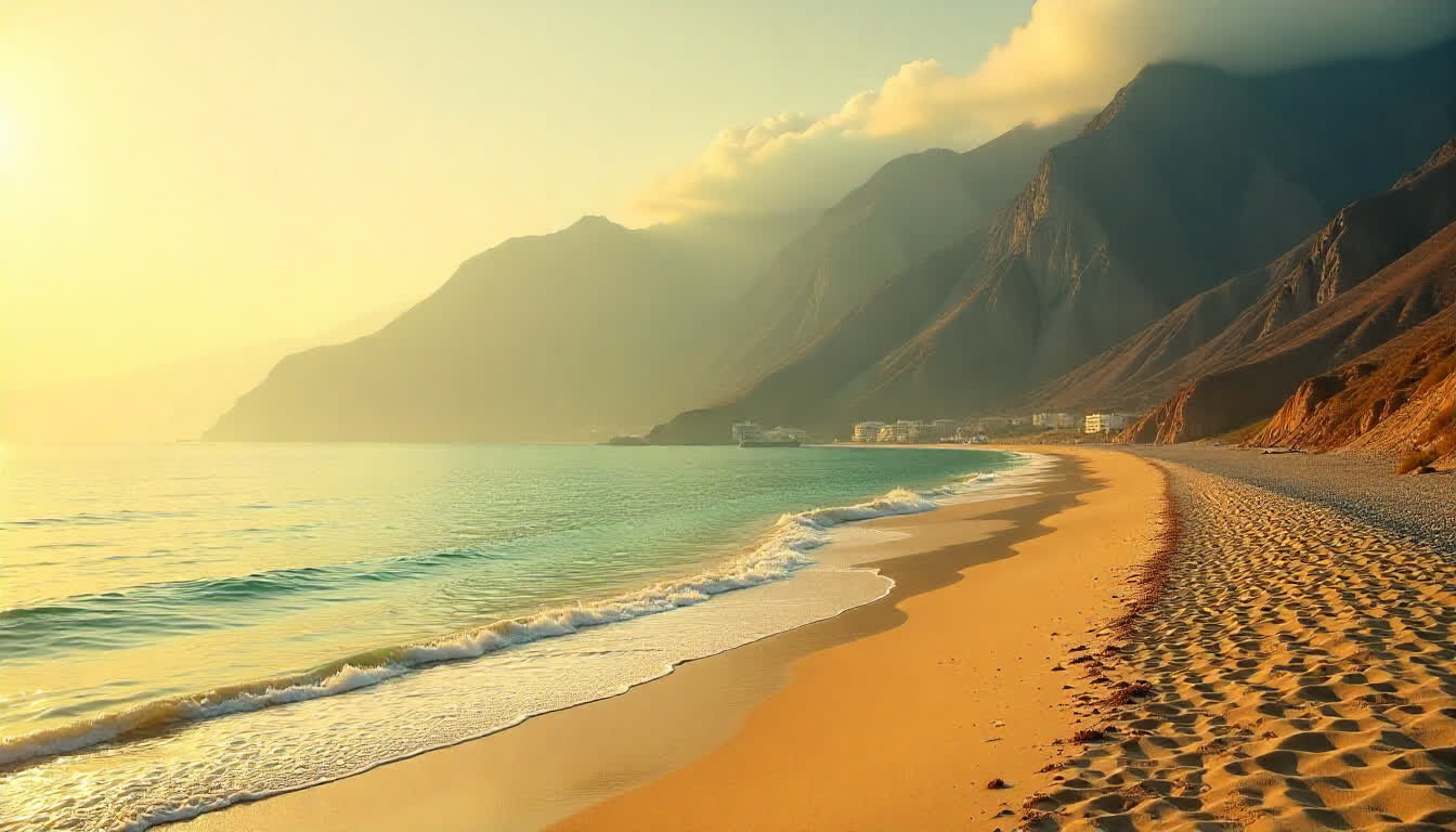 Khor Fakkan beach and port with green mountains in the background