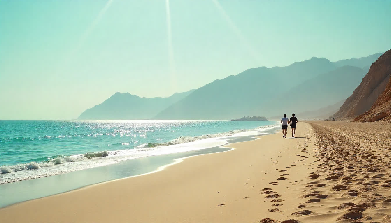 Khor Fakkan coastal city, beach promenade, mountains, sunny weather, sea view
