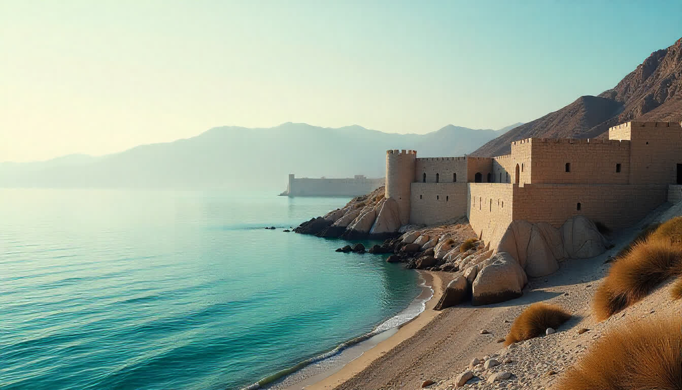 Khor Fakkan old town and fort with mountains and sea backdrop, 16:9