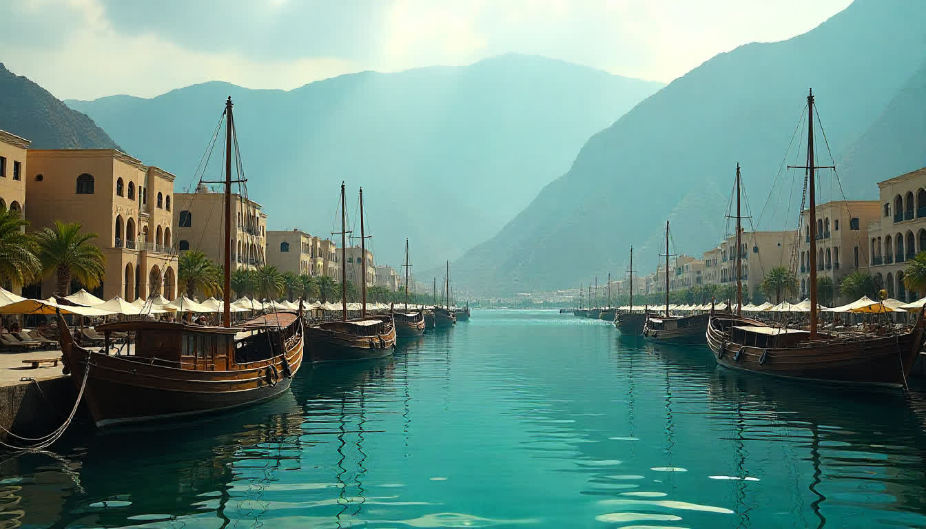 Khor Fakkan’s unique architecture with a blend of modern and traditional designs against the mountain backdrop