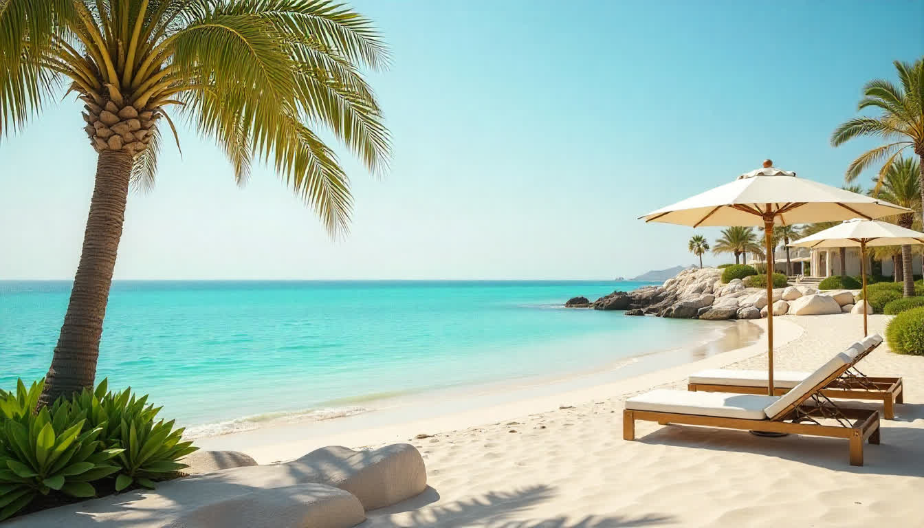 Luxury beachfront resorts in Khor Fakkan, turquoise sea, palm trees, and happy tourists