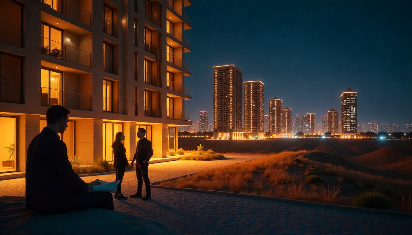 Luxury new buildings in Zaid, investors examining blueprints and construction sites