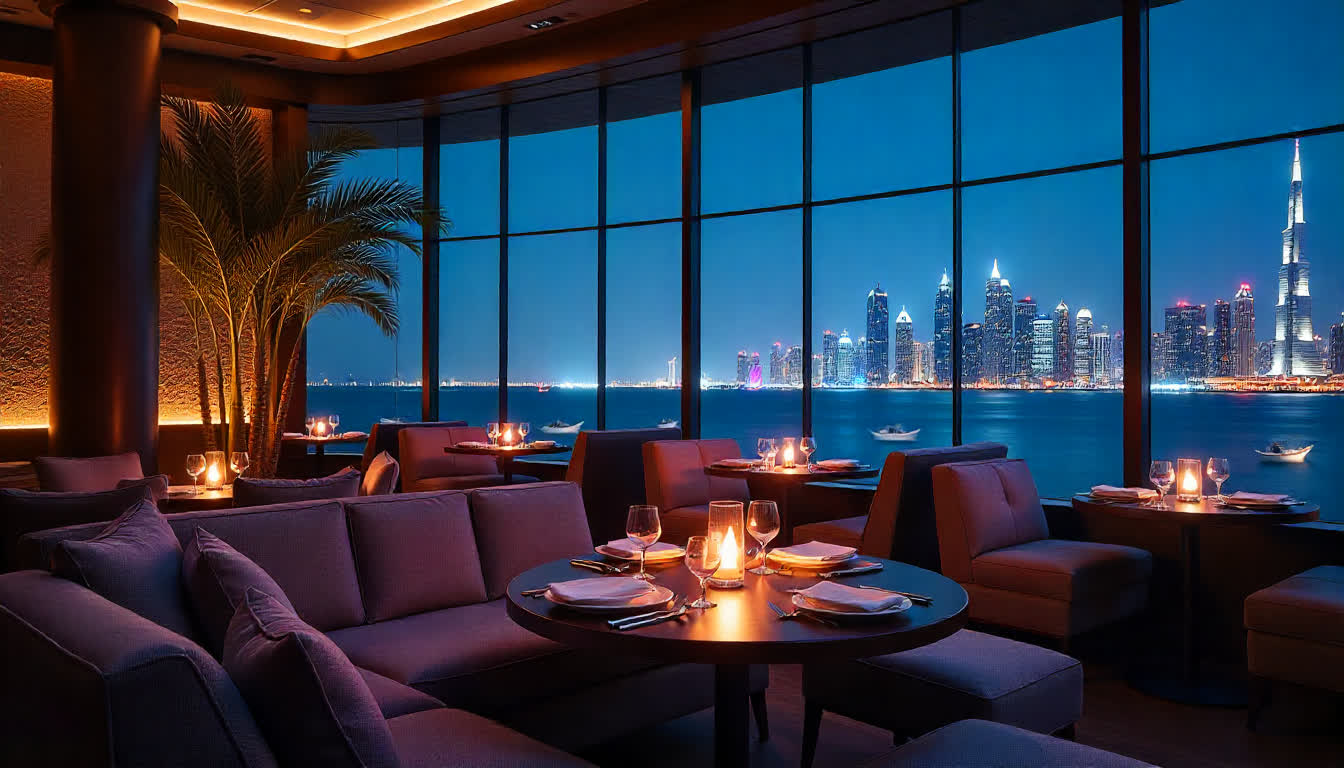 Luxury seaside restaurant in Dubai with night skyline view