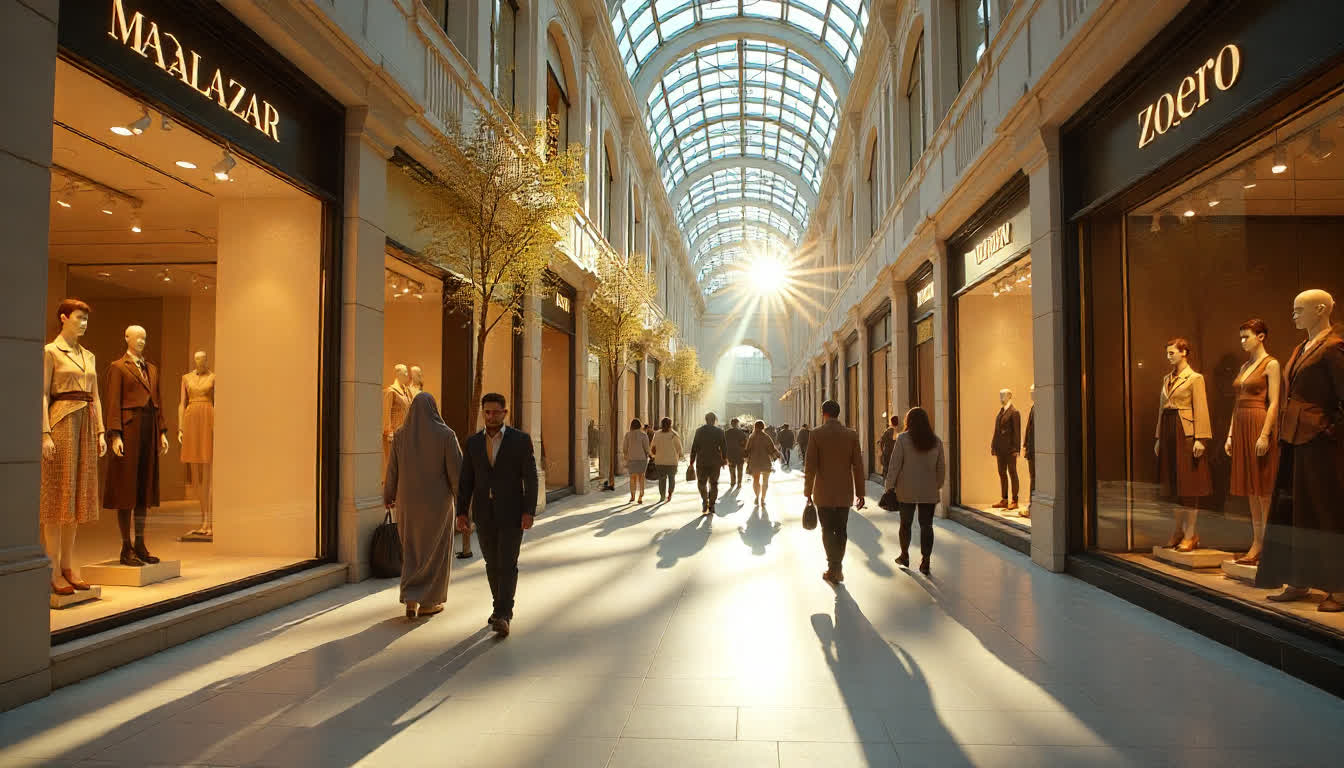 Luxury shopping malls in Dubai, fashion boutiques, crowds of shoppers, and dazzling lights