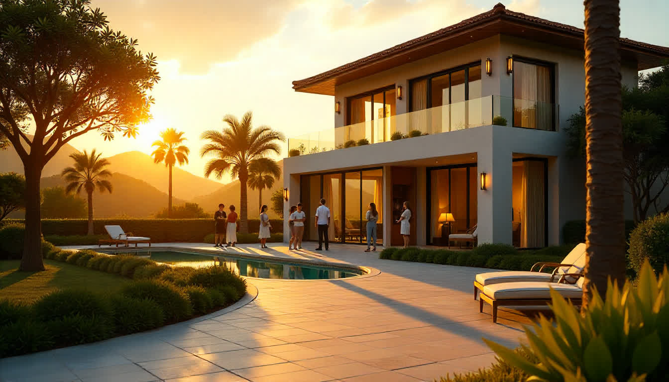 Luxury villas in Gayat with rental signs, prospective renters, and beautiful gardens