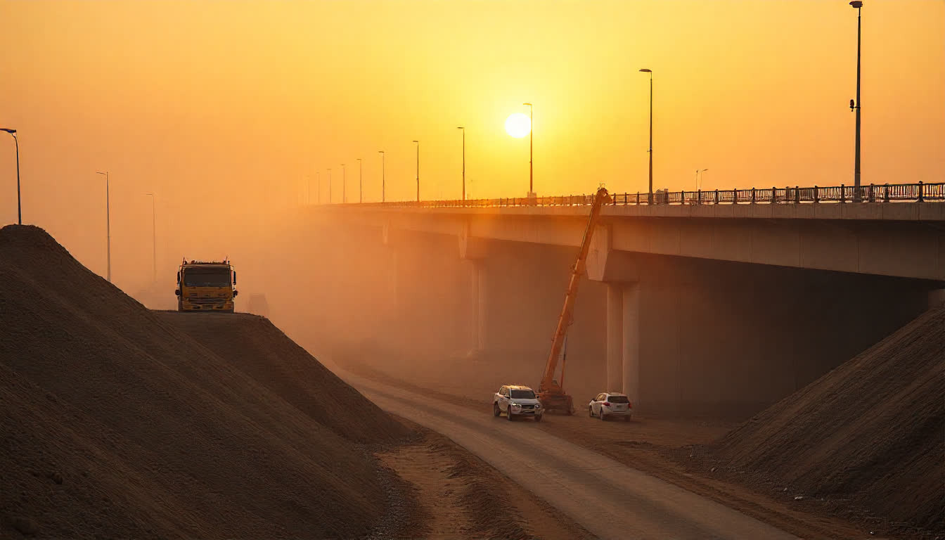 Major infrastructure construction in Ruwais, highways, bridges, and futuristic cityscapes
