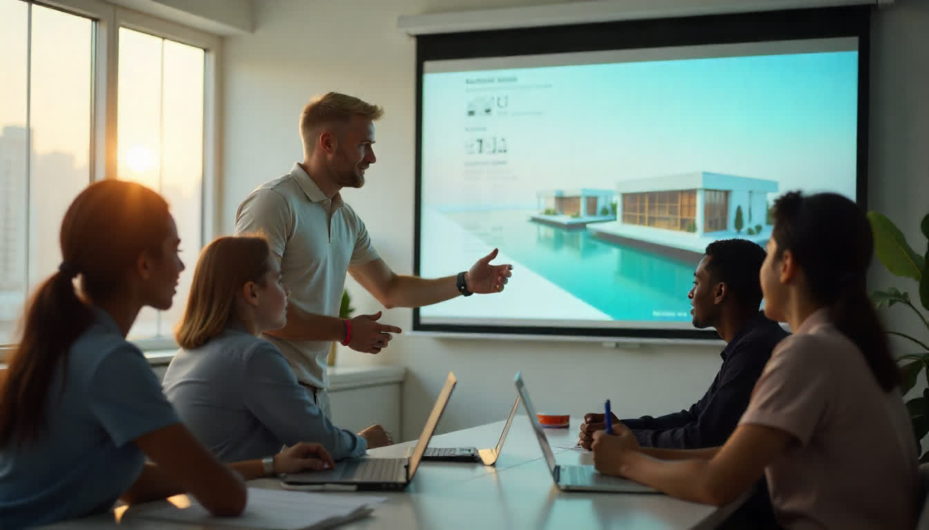 Modern classrooms in UAE, international teachers, and students engaging with interactive technologies