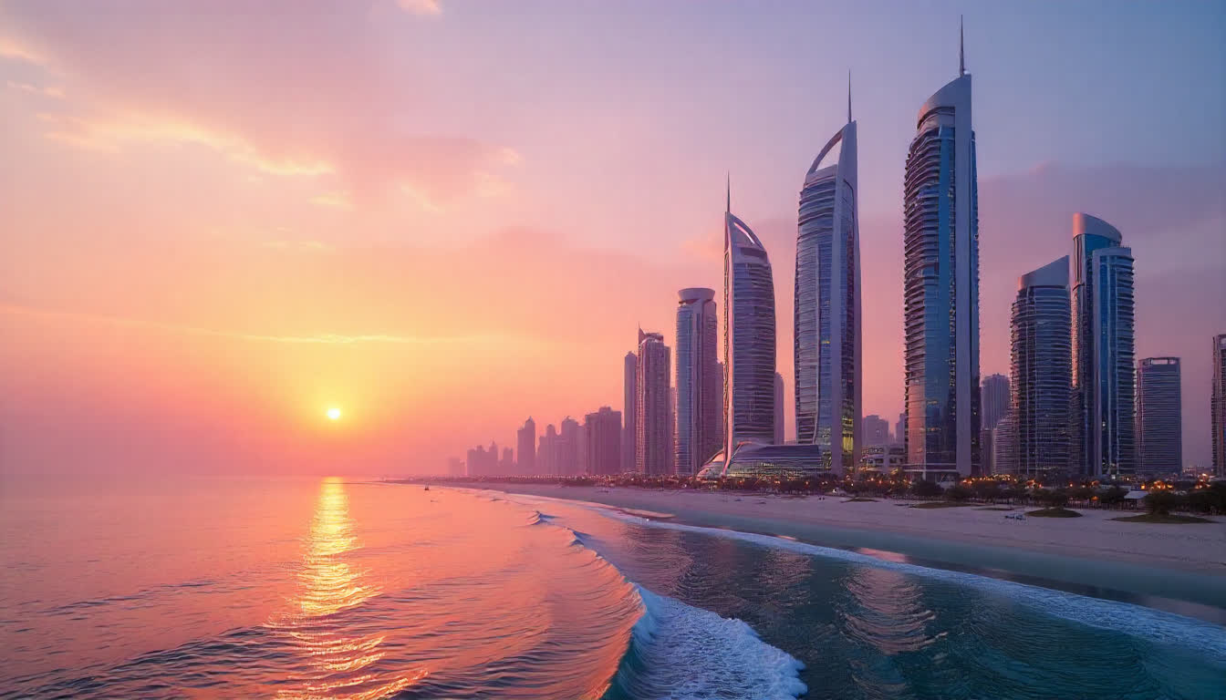 modern Dubai skyline at sunset with luxury skyscrapers and Persian Gulf, professional real estate photography, 16:9