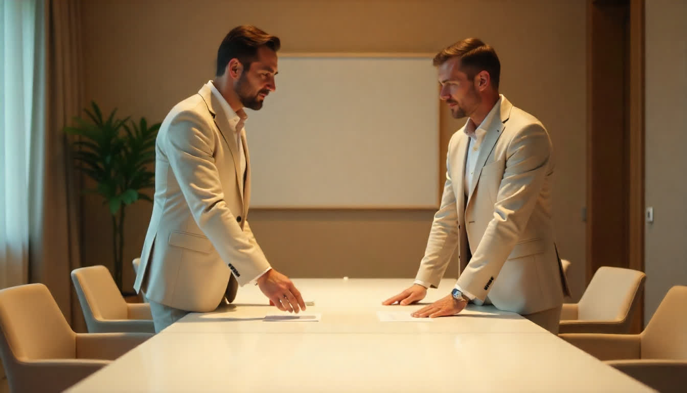 Modern hotels in Abu Dhabi with suited investors discussing partnership contracts in a conference room