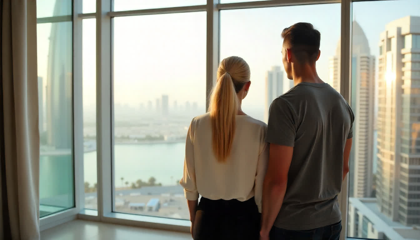 Modern Jumeirah apartments with real estate signs and prospective buyers touring the properties