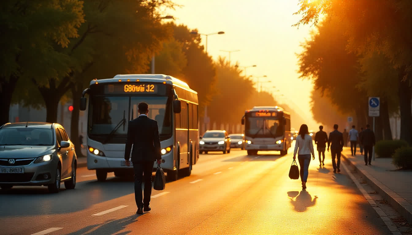Modern transportation services in Ajman with city buses, roadways, and commuters