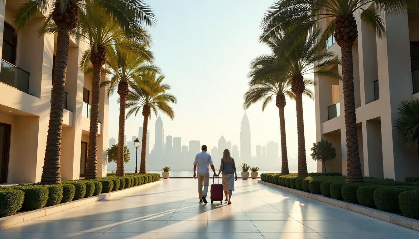 Modern UAE apartment buildings with Russian families moving in, palm trees, and urban skyline in the background