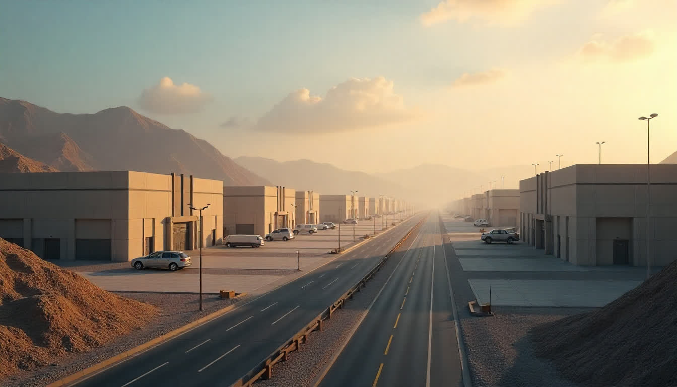 Mussafah industrial area with modern warehouses, factories, and roads, 16:9