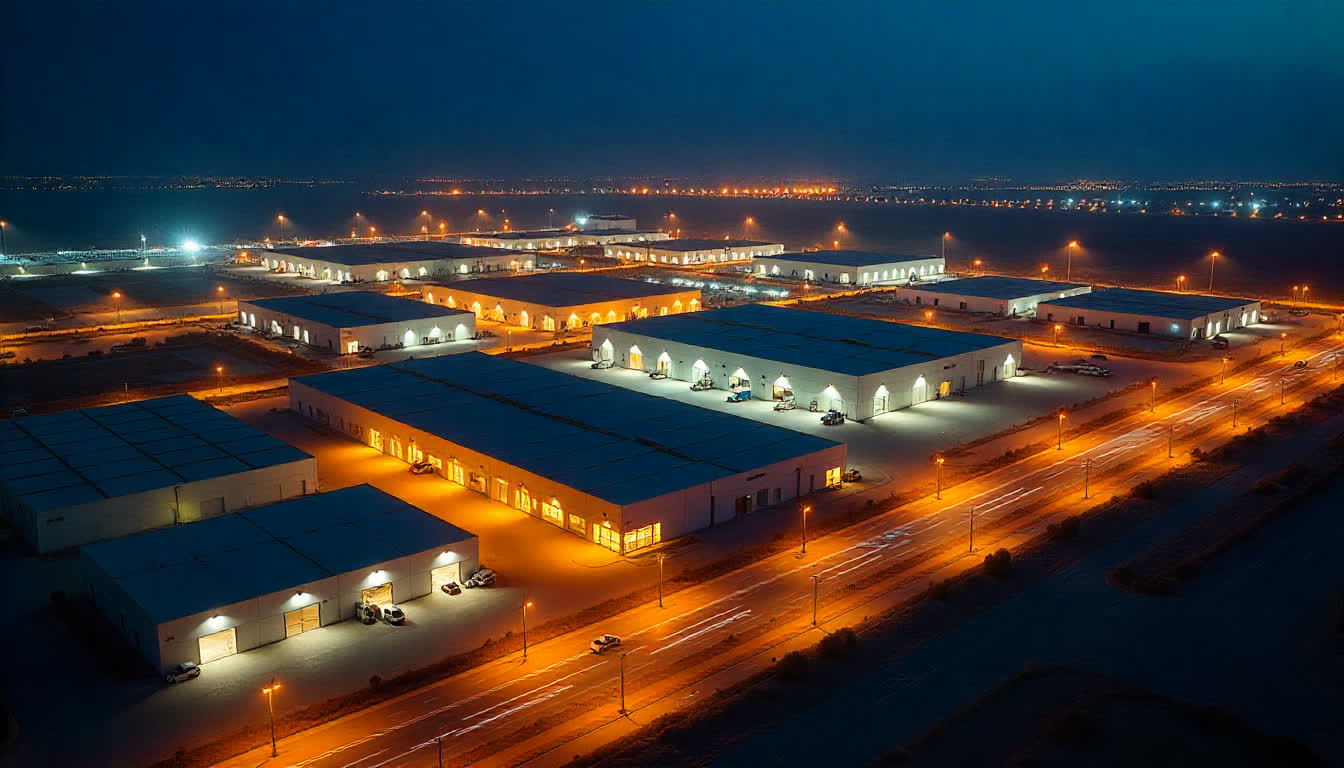 Mussafah industrial zone, factories, warehouses, modern logistics center, infrastructure
