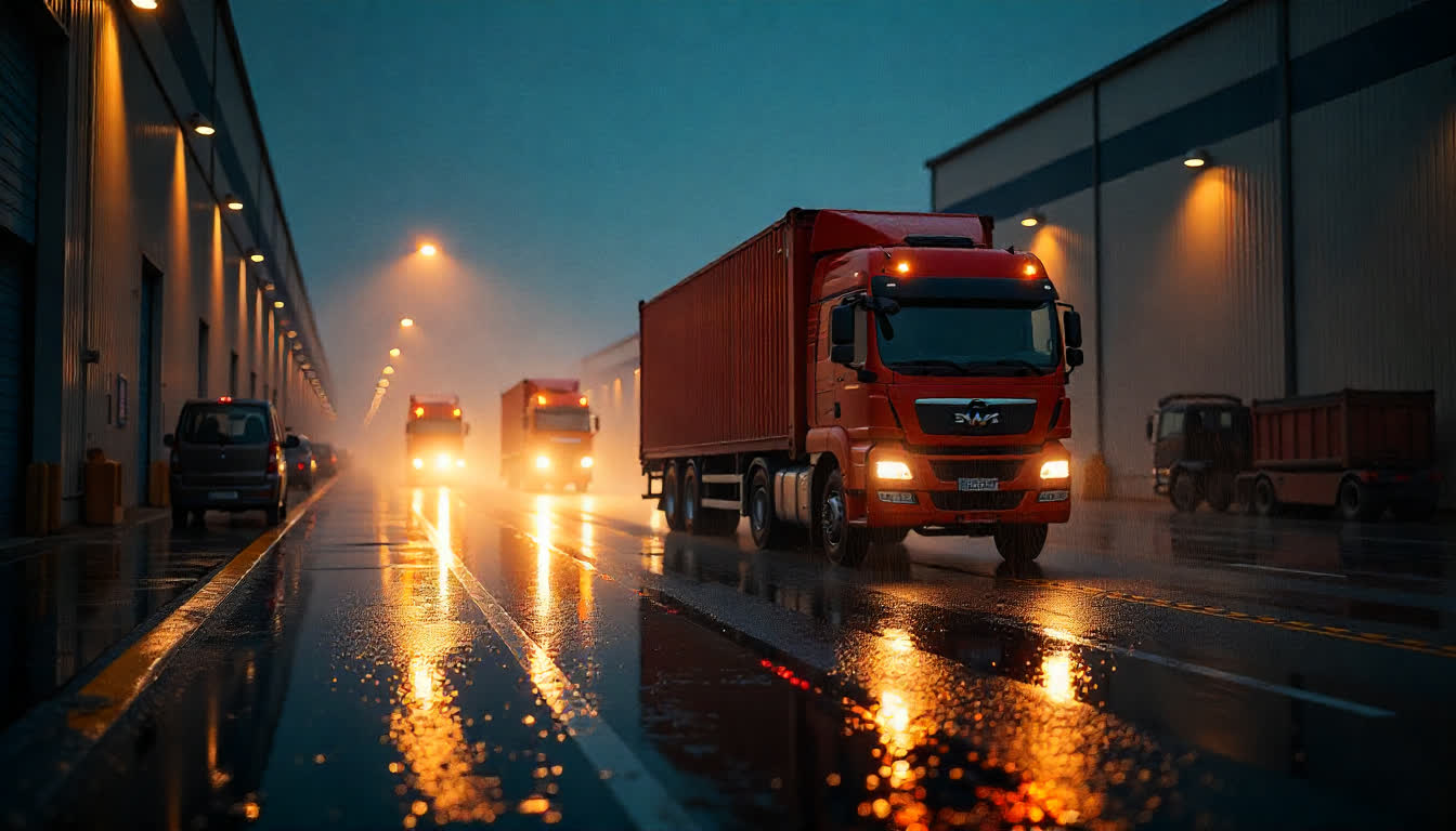 Mussafah logistics warehouse with trucks and shipping containers, 16:9