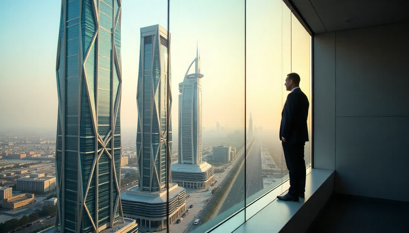 Mussafah modern business district, skyline, office towers, business people