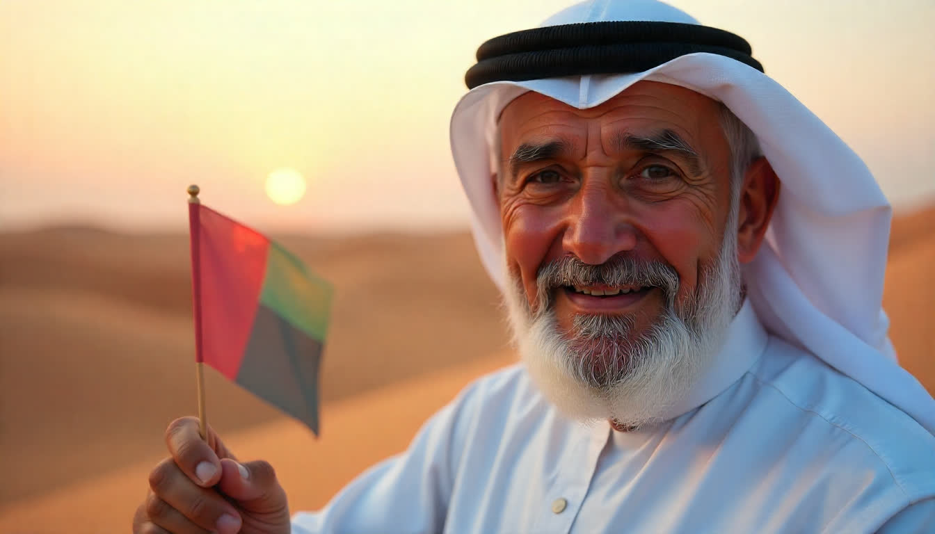 Portrait of Sheikh Zayed with UAE flag and desert landscape background
