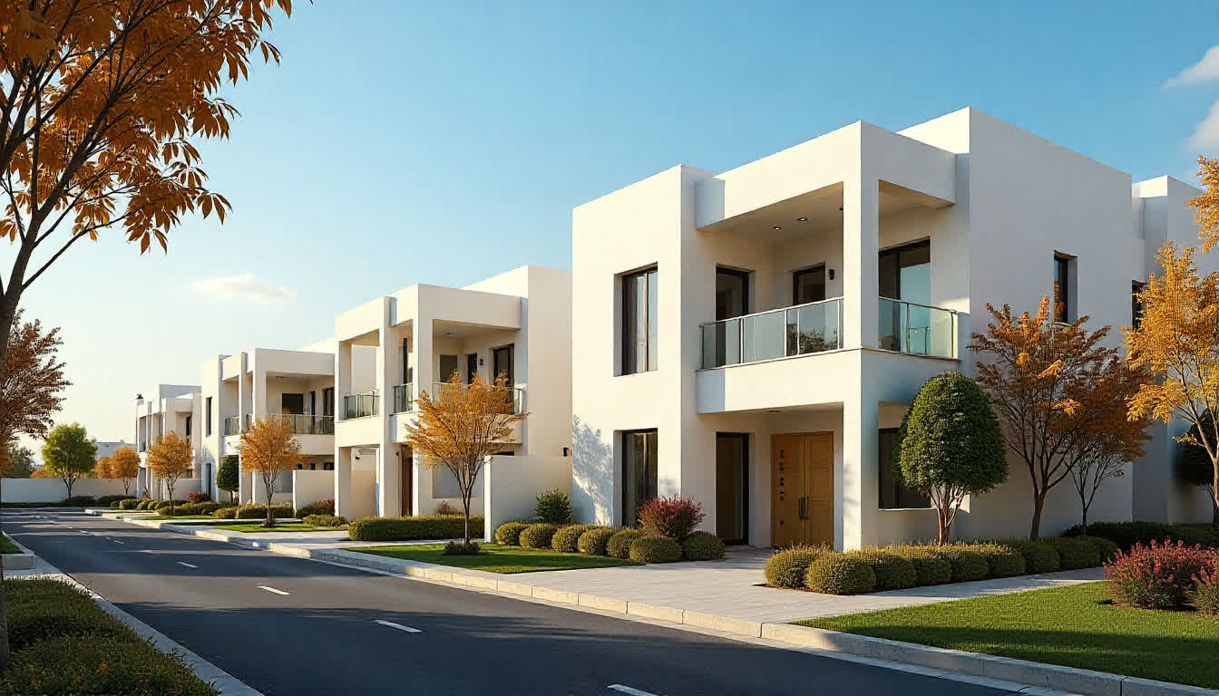 Premium residential buildings in Sharjah, elegant architecture, and landscaped grounds