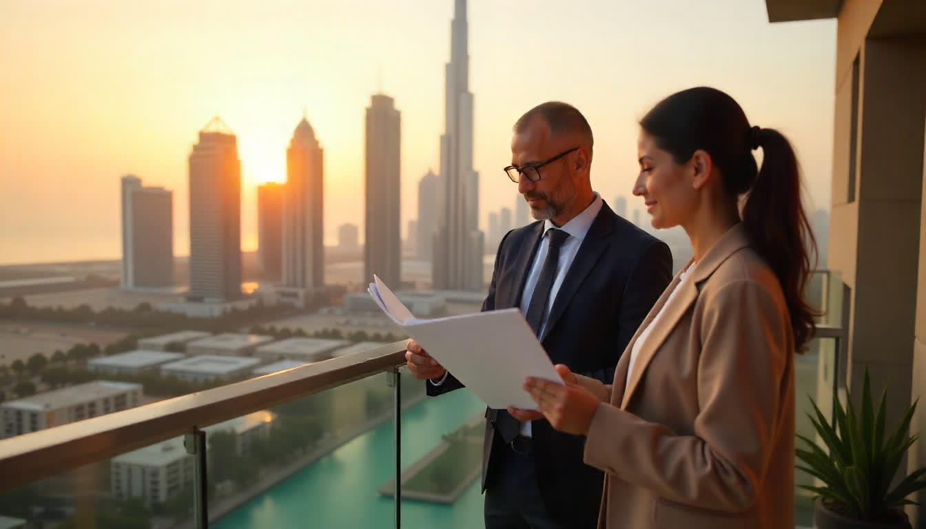 Property investors visiting Abu Dhabi’s residential towers, reviewing brochures and city views