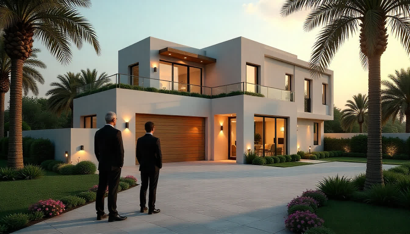 Prospective buyers viewing spacious villas in Zaid, beautiful gardens, and real estate agents