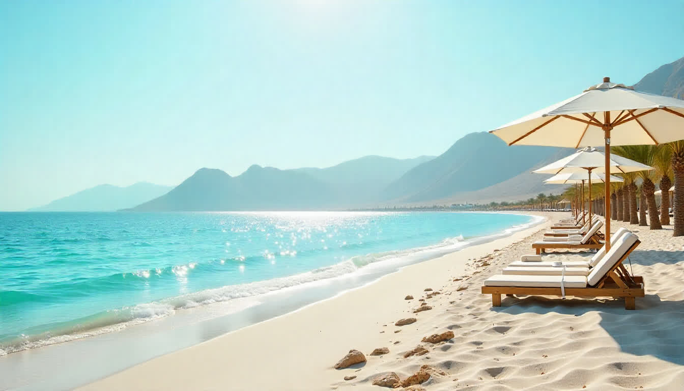 Ras Al Khaimah beach, blue water, mountains behind, umbrellas, sunny day