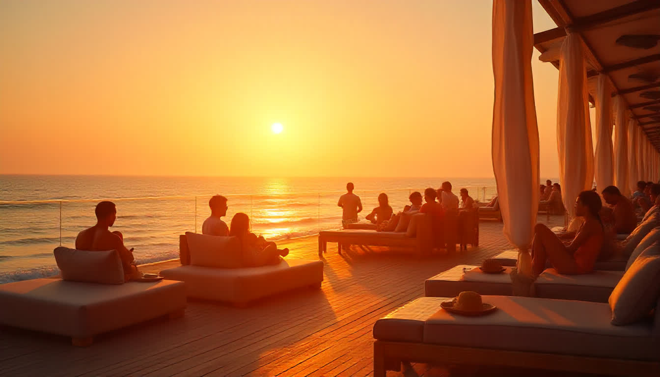 Ras Al Khaimah luxury beach resort at sunset, tourists relaxing, 16:9
