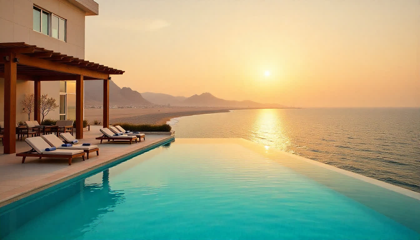 Ras Al Khaimah luxury hotels on beach, pool view, mountain in background, golden light