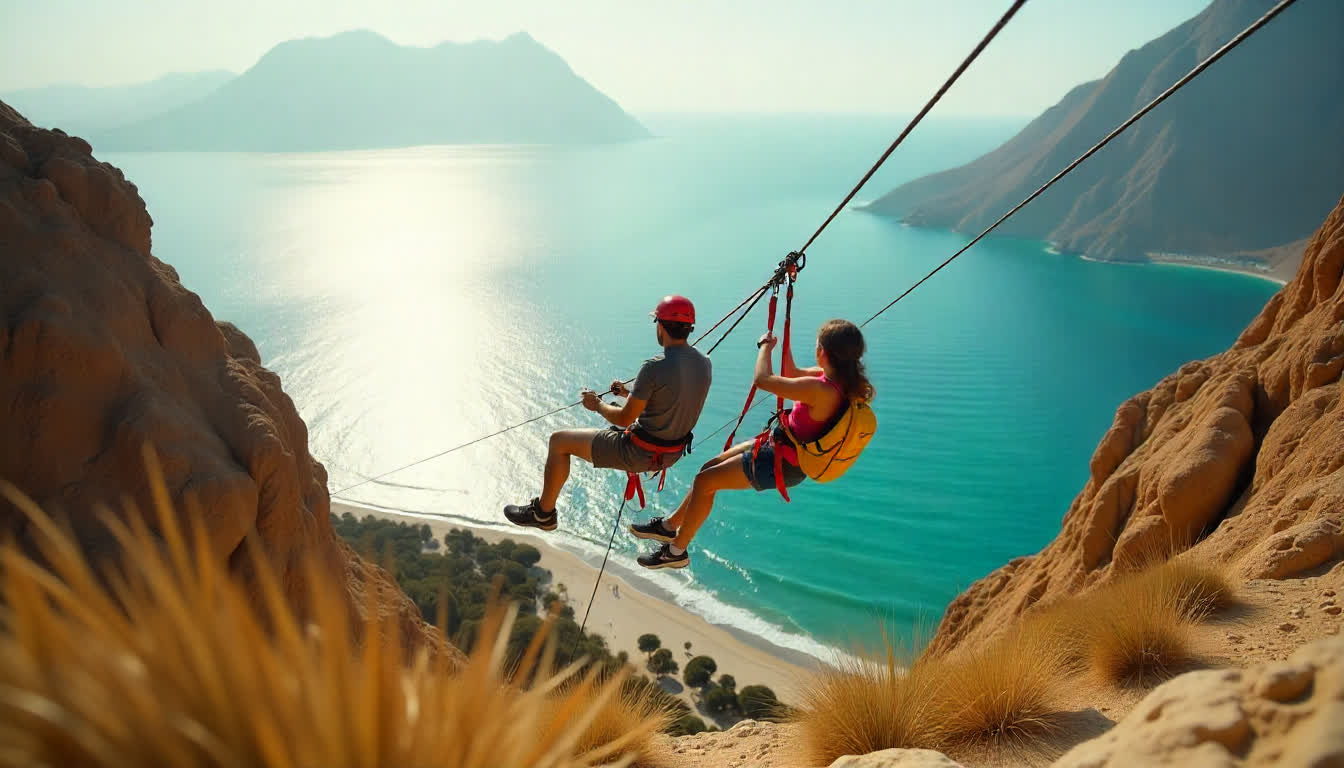 Ras Al Khaimah mountains with resorts and sea view, adventure tourism photo, 16:9