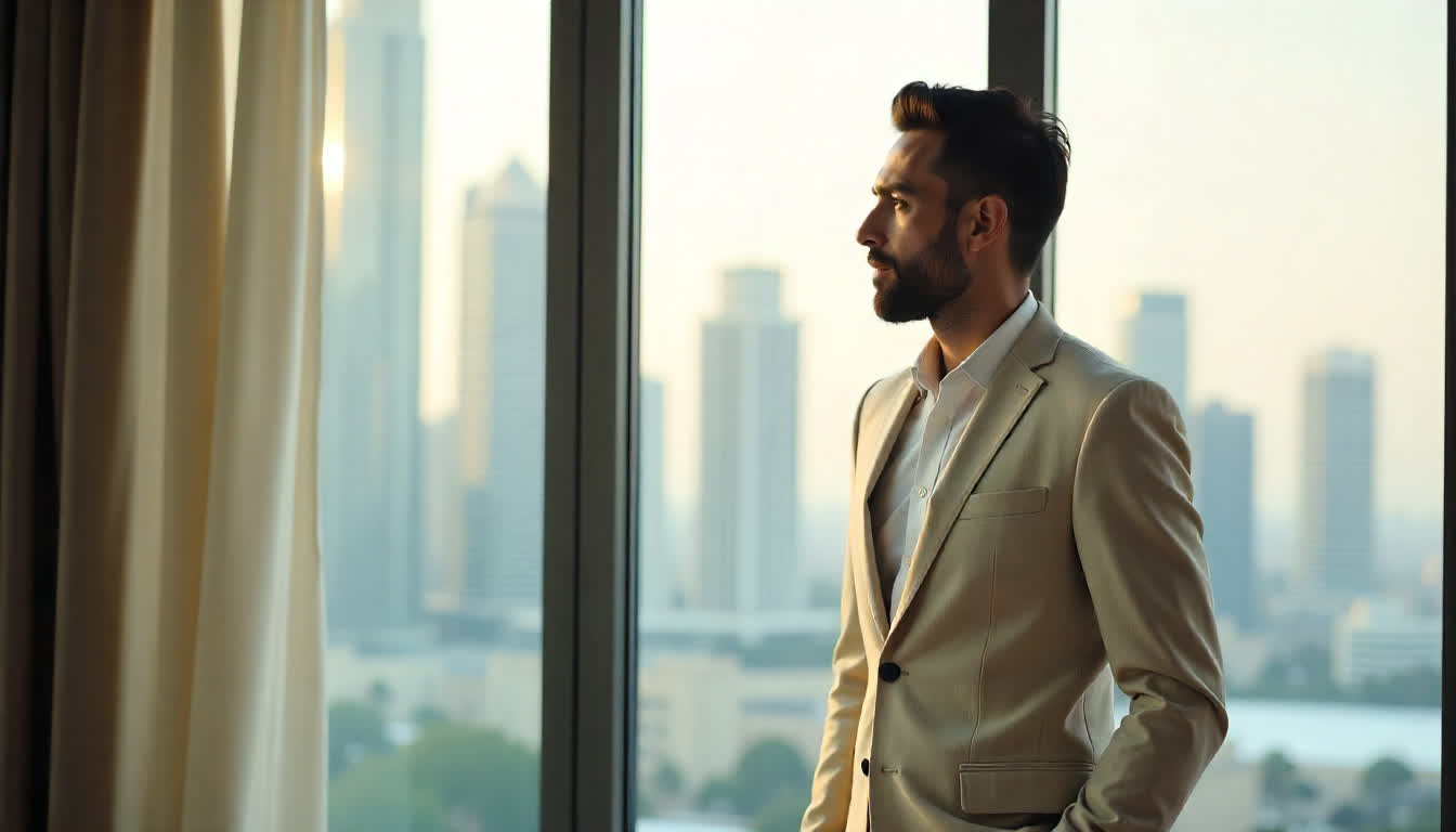 Real estate agent showing modern apartment in Dubai, skyline background